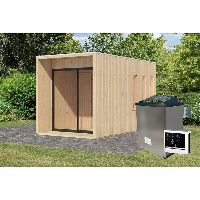Karibu Saunahaus Miramar - L x B x H: 429 x 219,5 x 244 cm, Natur, 9 KW Ofen mit externer Steuerung - Helle Holz-Außensaunakabine mit Edelstahl-Saunaofen und digitalem Bedienfeld in einer Gartenumgebung.