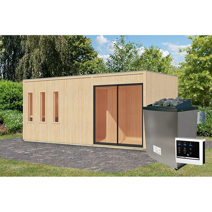 Karibu Saunahaus Monterey (L x B x H: 216,3 x 573,5 x 244,1 cm, Natur, 9 KW Ofen mit externer Steuerung) | BAUHAUS