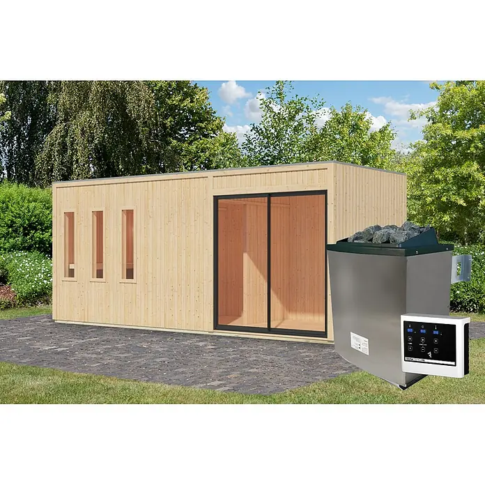 Karibu Saunahaus Monterey - L x B x H: 216,3 x 573,5 x 244,1 cm, Natur, 9 KW Ofen mit externer Steuerung - Helles Holz-Außensaunahaus mit Fenstern, Glastür und separatem Metall-Saunaofen mit Bedienfeld im Garten.
