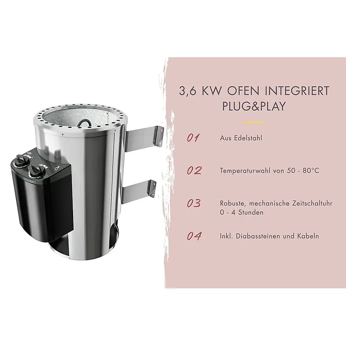Karibu Elementsauna Frigg - Plug & Play 3,6 KW Ofen mit interner Steuerung, L x B x H: 158 x 158 x 207 cm - Edelstahl-Saunaofen mit schwarzem Bedienfeld und zwei Montagehalterungen.