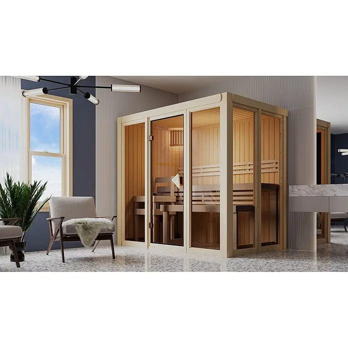 Karibu Elementsauna Balder - L x B x H: 138 x 216 x 198 cm, Plug & Play 3,6 KW Ofen mit interner Steuerung - Moderne Innensauna mit hellem Holzrahmen und Glaspaneelen, mit Holzbänken innen, in einem modernen Raumambiente.