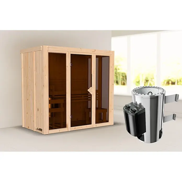 Karibu Elementsauna Balder - L x B x H: 122 x 216 x 198 cm, Plug & Play 3,6 KW Ofen mit interner Steuerung - Helle Holzsaunakabine mit Glastüren und separatem silber-schwarzem Elektro-Saunaofen.