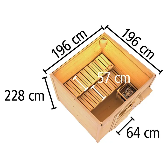 Karibu Saunahaus Kaapi 3 - 9 KW Bio-Ofen mit externer Steuerung, Natur, L x B x H: 196 x 196 x 228 cm - Holzsaunakabine (196x196x228 cm) mit Innenbänken und Heizung. Bankbreite 57 cm, Türbreite 64 cm.