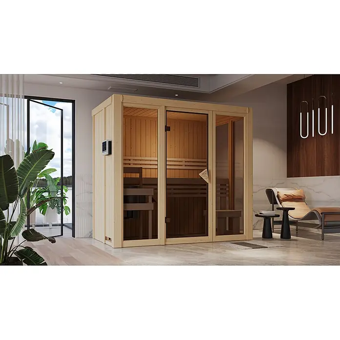 Karibu Elementsauna Balder - L x B x H: 122 x 216 x 198 cm, Plug & Play 3,6 KW Ofen mit interner Steuerung - Geräumige Sauna aus hellem Holz mit Glastüren in modernem Wellnessraum mit Naturblick.