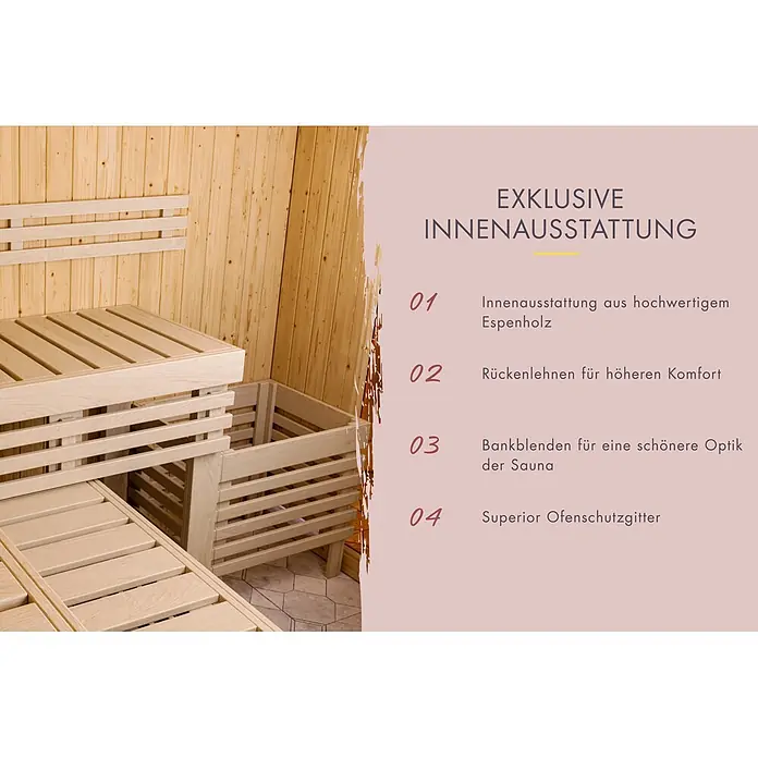 Karibu Elementsauna Bragi - L x B x H: 196 x 196 x 198 cm, Plug & Play 3,6 KW Ofen mit interner Steuerung - Sauna-Innenbereich mit hellen Espenholz-Bänken und Rückenlehnen, für Komfort und ansprechende Optik.