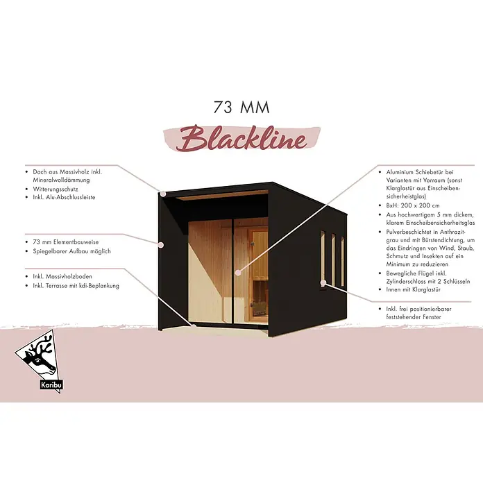Karibu Saunahaus Miramar - L x B x H: 429 x 219,5 x 244 cm, Natur, 9 KW Ofen mit externer Steuerung - Moderne, schwarze Karibu Blackline Gartensauna aus Holz mit Glasfront und Holzboden.