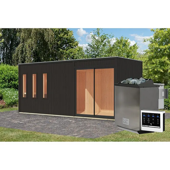Karibu Saunahaus Monterey - L x B x H: 216,3 x 573,5 x 244,1 cm, Schwarz, 9 KW Bio Ofen mit externer Steuerung - Schwarze Außensauna mit Holzinterieur, großer Glastür. Edelstahl-Saunaofen mit Steinen und digitalem Bedienfeld.