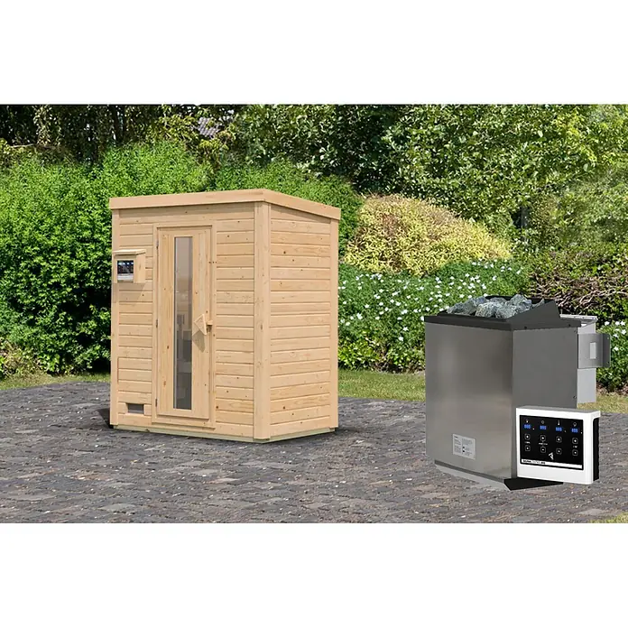 Karibu Saunahaus Hytti - 9 KW Bio-Ofen mit externer Steuerung, Natur, L x B x H: 113 x 196 x 228 cm - Hölzerne Außensaunakabine mit Glastür und separater Saunaofen aus Edelstahl mit Bedienfeld.