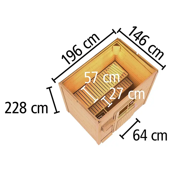 Karibu Saunahaus Kaapi 2 - 9 KW Ofen mit interner Steuerung, Anthrazit, L x B x H: 146 x 196 x 228 cm - Hölzerne Saunakabine mit Innenbänken. Außen: 196x146x228 cm, 64 cm Frontplatte. Bänke: 57 & 27 cm breit.