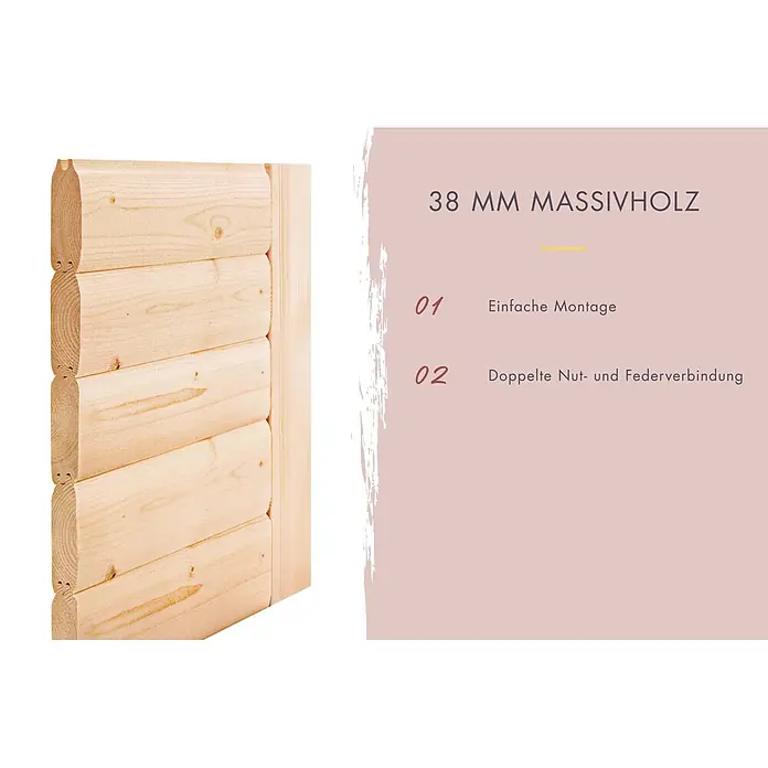 Karibu Saunahaus Vidar - 9 KW Ofen mit interner Steuerung, Natur, L x B x H: 196 x 196 x 227,5 cm - Nahaufnahme von 38mm hellen Massivholzbrettern mit sichtbarer doppelter Nut- und Federverbindung für einfache Montage.