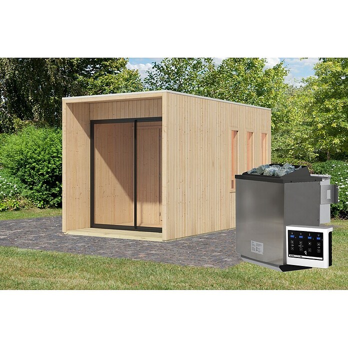 Karibu Saunahaus Miramar (L x B x H: 429 x 219,5 x 244 cm, Natur, 9 KW Bio Ofen mit externer Steuerung) | BAUHAUS