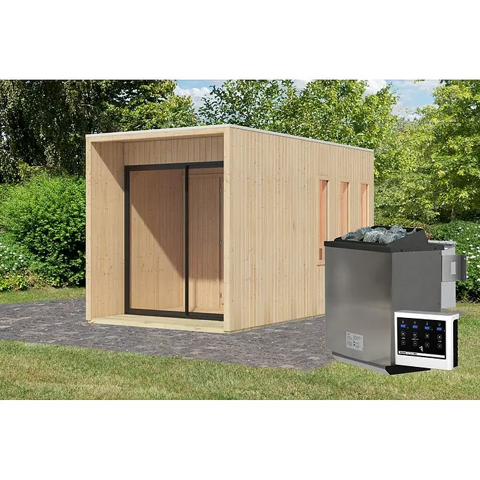 Karibu Saunahaus Miramar - L x B x H: 429 x 219,5 x 244 cm, Natur, 9 KW Bio Ofen mit externer Steuerung - Outdoor-Saunakabine aus hellem Holz mit Glasschiebetür, daneben ein Edelstahl-Saunaofen mit Steinen und digitalem Bedienfeld.