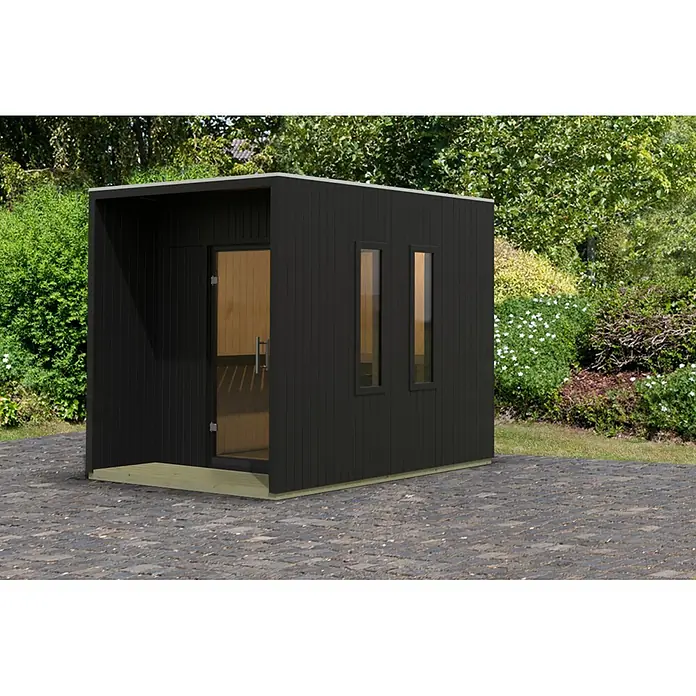 Karibu Saunahaus Laguna - L x B x H: 287,5 x 219,5 x 244 cm, Schwarz, Ohne Ofen - Modernes dunkelgraues/schwarzes Gartenhaus mit heller Holztür und Sockel.