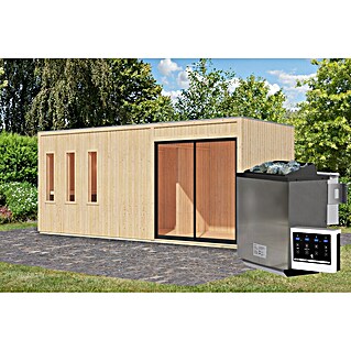 Karibu Saunahaus Monterey (L x B x H: 216,3 x 573,5 x 244,1 cm, Natur, 9 KW Bio Ofen mit externer Steuerung)