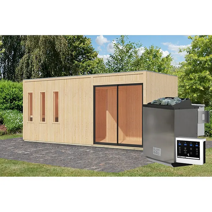 Karibu Saunahaus Monterey - L x B x H: 216,3 x 573,5 x 244,1 cm, Natur, 9 KW Bio Ofen mit externer Steuerung - Modernes Saunahaus aus Holz mit Glasschiebetür und separatem Saunaofen aus Edelstahl mit digitaler Steuerung.