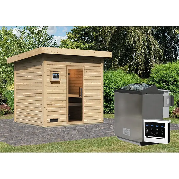 Karibu Saunahaus Kaapi 4 - 9 KW Bio-Ofen mit externer Steuerung, Natur, L x B x H: 196 x 231 x 238 cm - Outdoor-Saunakabine aus Holz mit separatem Edelstahl-Ofen und digitalem Bedienfeld im Garten.
