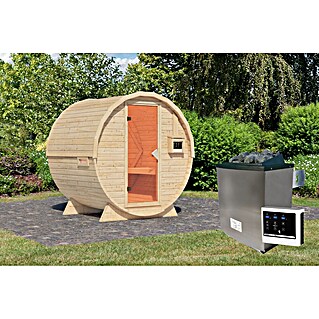 Karibu Fasssauna (9 KW Ofen mit externer Steuerung, Natur, L x B x H: 175 x 225 x 229 cm)