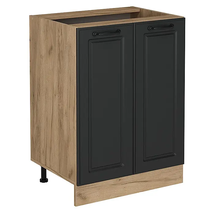 Vicco Schrankküche R-Line Anthrazit Landhaus ohne Arbeitsplatte - Breite: 60 cm, Anthrazit Landhaus, Unterschrank 60 cm - Zweitüriger Küchenunterschrank mit dunkelgrauen Kassettentüren und hellem Holzdekorrahmen, -seiten und -sockel. Mit schwarzen Griffen.