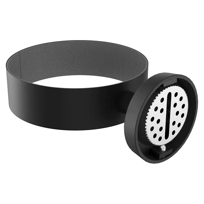Camargue Paris Black Fönhalter - Schwarz, Matt - Schwarzer, strukturierter Antriebsriemen und eine schwarze Rolle mit weißer perforierter Zahnradoberfläche.