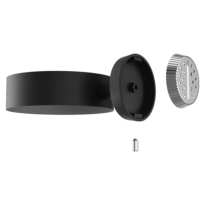 Camargue Paris Black Fönhalter - Schwarz, Matt - Zerlegte schwarze zylindrische Duschkopf-Teile, darunter eine silberne perforierte Sprühplatte und ein kleiner Stift.