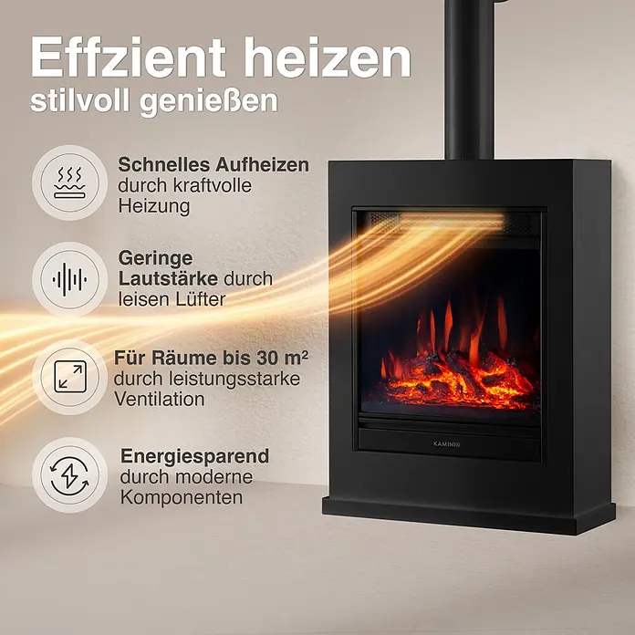 Elektrischer Kamin KAMINIO Kalle mit Ofenrohr - 18 x 51 x 105 cm, Schwarz - Schwarzer KAMINIO Elektrokamin mit realistischem Flammeneffekt und sichtbarer Wärmeabgabe, ideal für effizientes und stilvolles Heizen.