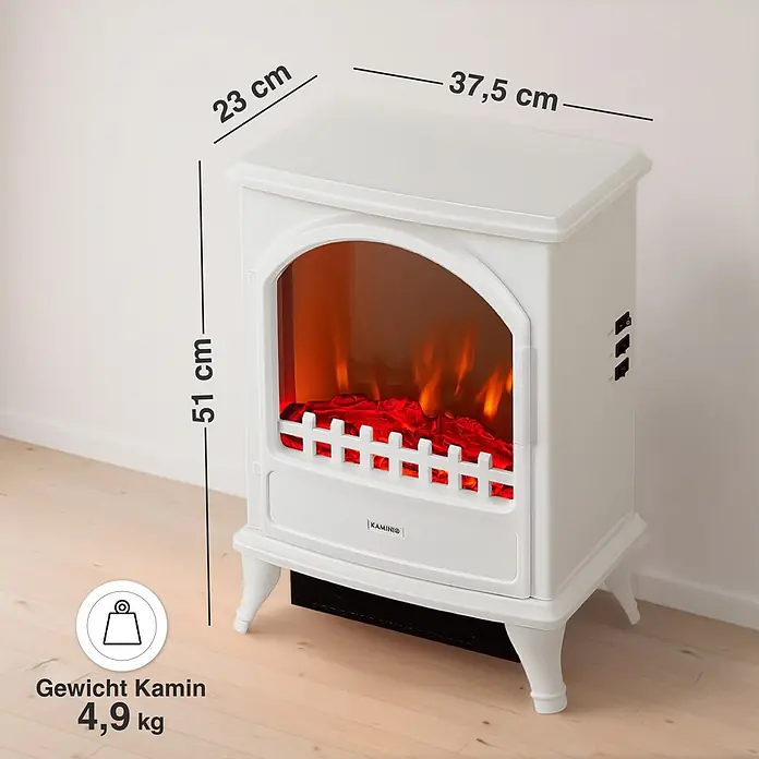 Elektrischer Kamin KAMINIO Leni - 23 x 37,5 x 51 cm, Weiß - Weißer Elektrokamin mit simulierten Flammen, Maße 51x37,5x23 cm, Gewicht 4,9 kg.