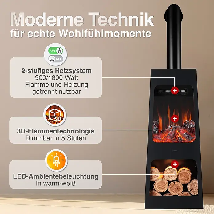 Elektrischer Kamin KAMINIO Kai L mit Ofenrohr - 35 x 35 x 123,5 cm, Schwarz - Schwarzer Elektrokamin: 2-stufige Heizung, separater Flamme/Heizung, 3D-Flammentechnik (5 Dimmstufen) und warmweiße LED-Beleuchtung.
