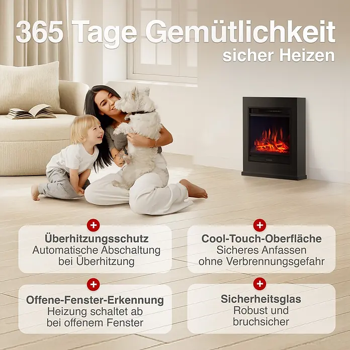 Elektrischer Kamin KAMINIO Kalle - 18 x 51 x 65 cm, Schwarz - Schwarzer Elektrokamin mit Flammeneffekt in gemütlichem Wohnzimmer mit Familie, betont Sicherheit.