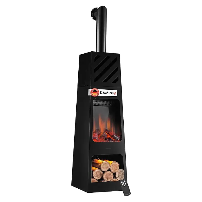Elektrischer Kamin KAMINIO Kai Xl mit Ofenrohr - 35 x 35 x 150 cm, Schwarz - Schwarzer Elektrokamin mit künstlichen Flammen, Holzscheitablage und Fernbedienung.