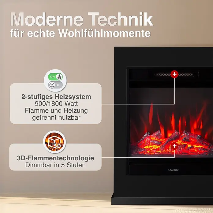 Elektrischer Kamin KAMINIO Kalle - 18 x 51 x 65 cm, Schwarz - Schwarzer Elektrokamin mit realistischem 3D-Flammeneffekt, glühenden Holzscheiten und einem 900/1800W zweistufigen Heizsystem.