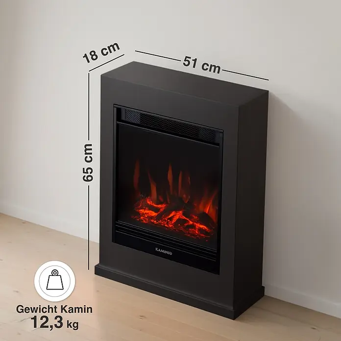 Elektrischer Kamin KAMINIO Kalle - 18 x 51 x 65 cm, Schwarz - Schwarzer Elektrokamin (H65xB51xT18 cm) mit künstlichen Flammen, 12,3 kg.
