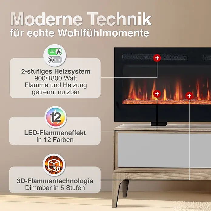Elektrischer Kamin KAMINIO Marlon 60 - 11,9 x 152,4 x 46,6 cm, Schwarz - Schwarzer Elektrokamin mit 2-stufiger Heizung (900/1800W), separater Wärme-/Flammenregelung und dimmbarem 3D LED-Flammeneffekt in 12 Farben.