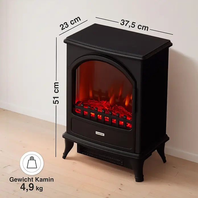 Elektrischer Kamin KAMINIO Leni - 23 x 37,5 x 51 cm, Schwarz - Schwarzer Elektrokamin mit realistischer Flammenoptik. Maße: H 51cm, B 37,5cm, T 23cm. Gewicht: 4,9kg.