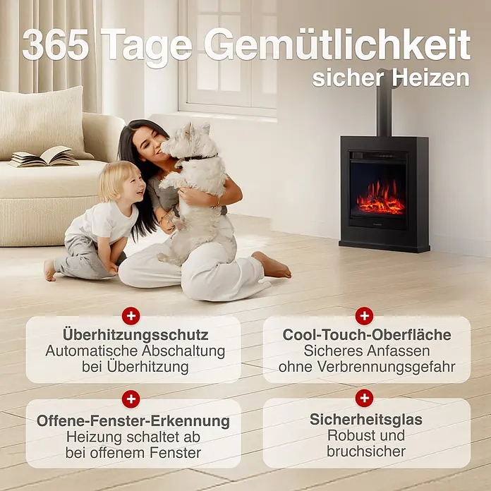 Elektrischer Kamin KAMINIO Kalle mit Ofenrohr - 18 x 51 x 105 cm, Schwarz - Schwarzer Elektrokamin in einem Wohnzimmer mit Familie, betont Sicherheitsmerkmale wie kühle Oberfläche und Überhitzungsschutz.