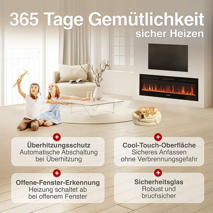 Elektrischer Kamin KAMINIO Marlon 60 - 11,9 x 152,4 x 46,6 cm, Schwarz - Schwarzer Einbau-Elektrokamin mit realistischen Flammen in einem modernen Wohnzimmer, der Sicherheitsmerkmale für Kinder und Haustiere hervorhebt.