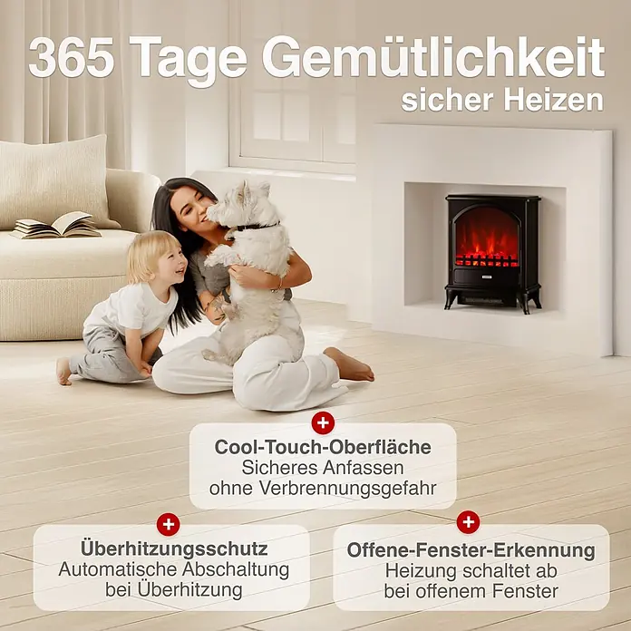 Elektrischer Kamin KAMINIO Leni - 23 x 37,5 x 51 cm, Schwarz - Schwarzer Elektrokamin mit simulierten Flammen, sorgt für gemütliche Wärme im Wohnzimmer mit Familie.
