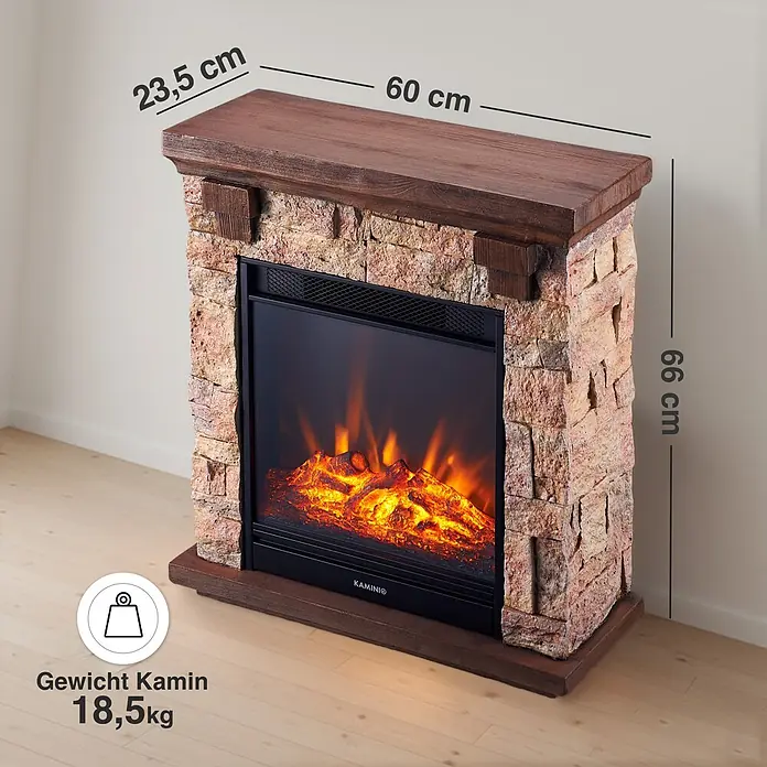 Elektrischer Kamin KAMINIO Juan - 23,5 x 60 x 66 cm, Beige (Steinoptik) - Kompakter Elektrokamin in Ziegelsteinoptik mit dunklen Holzapplikationen und realistischen Flammen. 60x66x23,5 cm, 18,5 kg.