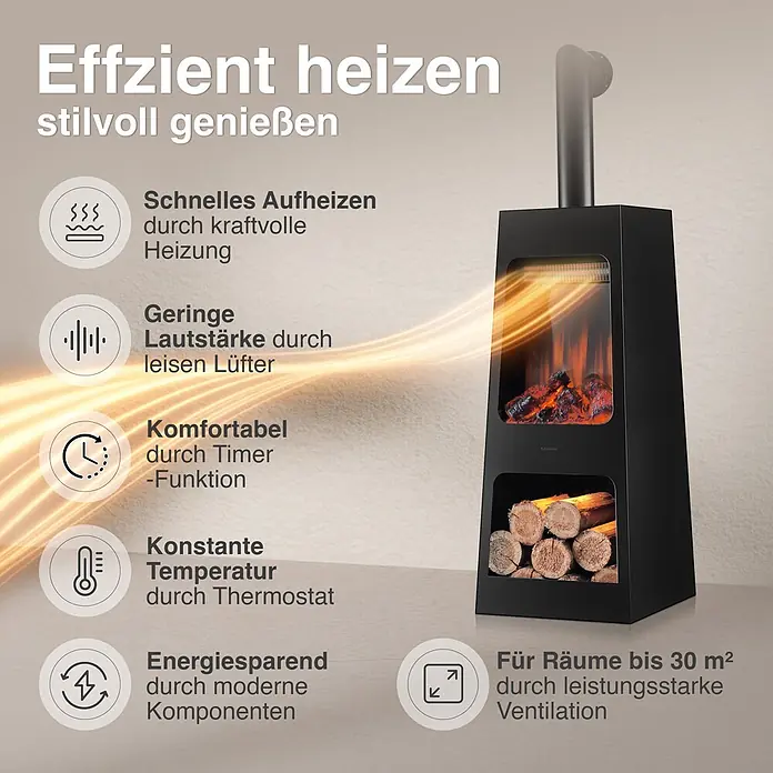 Elektrischer Kamin KAMINIO Kai L mit Ofenrohr - 35 x 35 x 123,5 cm, Schwarz - Moderner schwarzer Elektrokamin mit sichtbaren Flammen, dekorativen Holzscheiten und einem oberen Rohr, der Wärme abgibt.