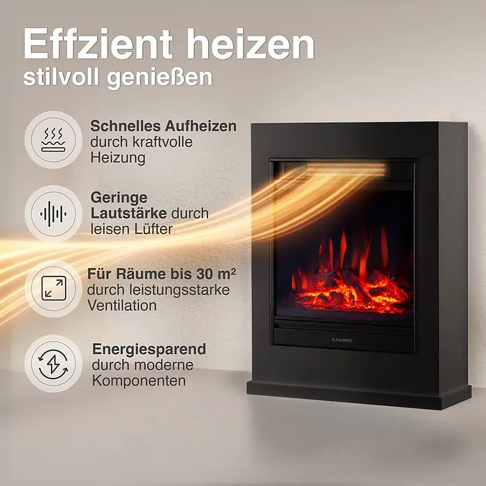 Elektrischer Kamin KAMINIO Kalle - 18 x 51 x 65 cm, Schwarz - Schwarzer Elektrokamin, Wärme abgebend und mit einer Liste seiner Eigenschaften.