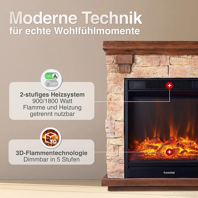 Elektrischer Kamin KAMINIO Juan - 23,5 x 60 x 66 cm, Beige (Steinoptik) - Elektrischer Kamin mit Stein- und Holzverkleidung, 2-stufiger Heizung (900/1800W) und dimmbarer 3D-Flammentechnologie.