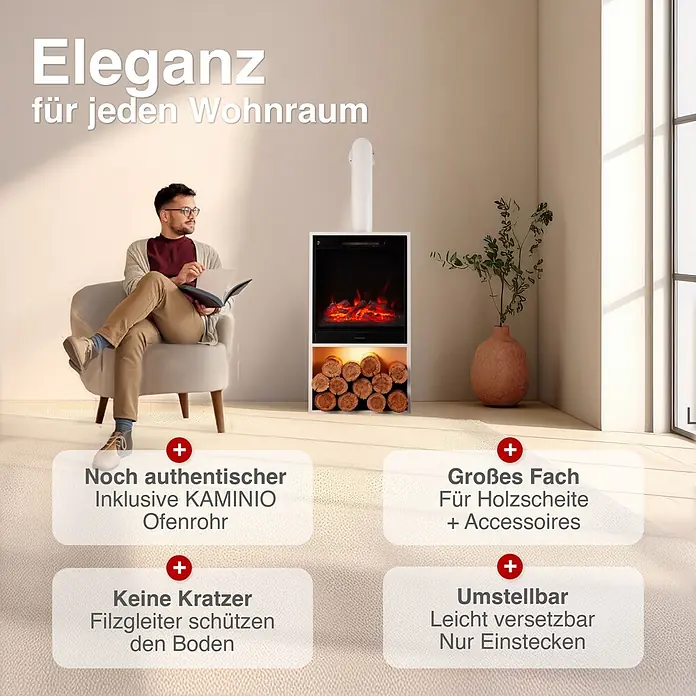 Elektrischer Kamin KAMINIO Hugo mit Ofenrohr - 17 x 42 x 115 cm, Weiß - Weißer Elektrokamin mit Ofenrohr und Holzscheitfach, schafft Ambiente im modernen Wohnzimmer.