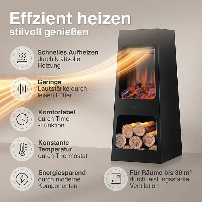 Elektrischer Kamin KAMINIO Kai L - 35 x 35 x 83 cm, Schwarz - Schwarzer Elektrokamin mit Flammeneffekt und Holzlagerfach, für effizientes Heizen.
