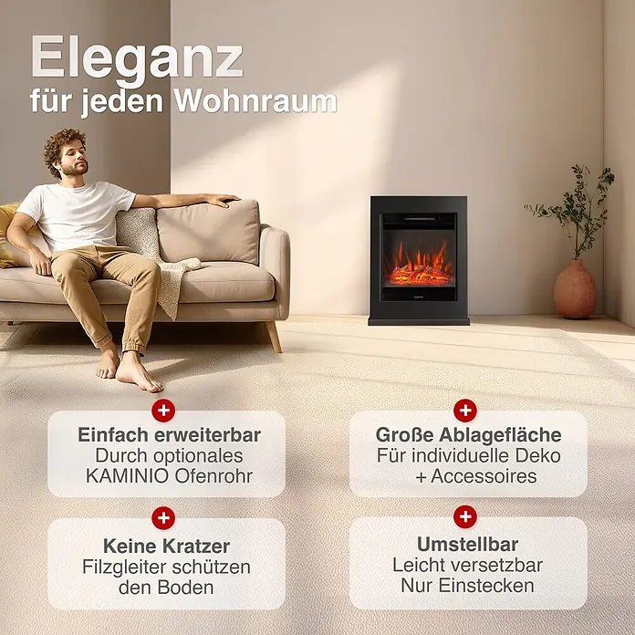 Elektrischer Kamin KAMINIO Kalle - 18 x 51 x 65 cm, Schwarz - Schwarzer Elektrokamin mit realistischen Flammen in einem modernen Wohnzimmer, der Eleganz und Gemütlichkeit schafft.