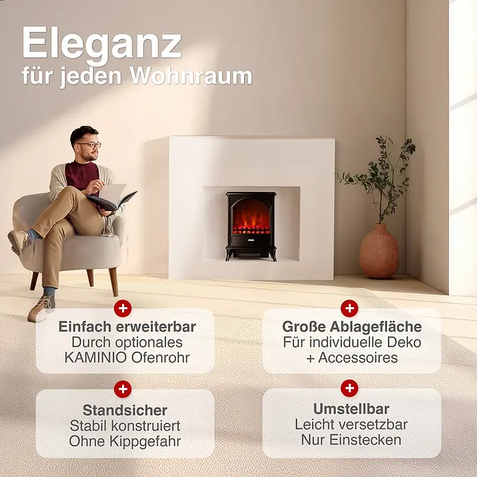 Elektrischer Kamin KAMINIO Leni - 23 x 37,5 x 51 cm, Schwarz - Schwarzer Elektrokamin in einem weißen Kaminumbau, der in einem modernen Wohnzimmer eine warme Atmosphäre schafft.