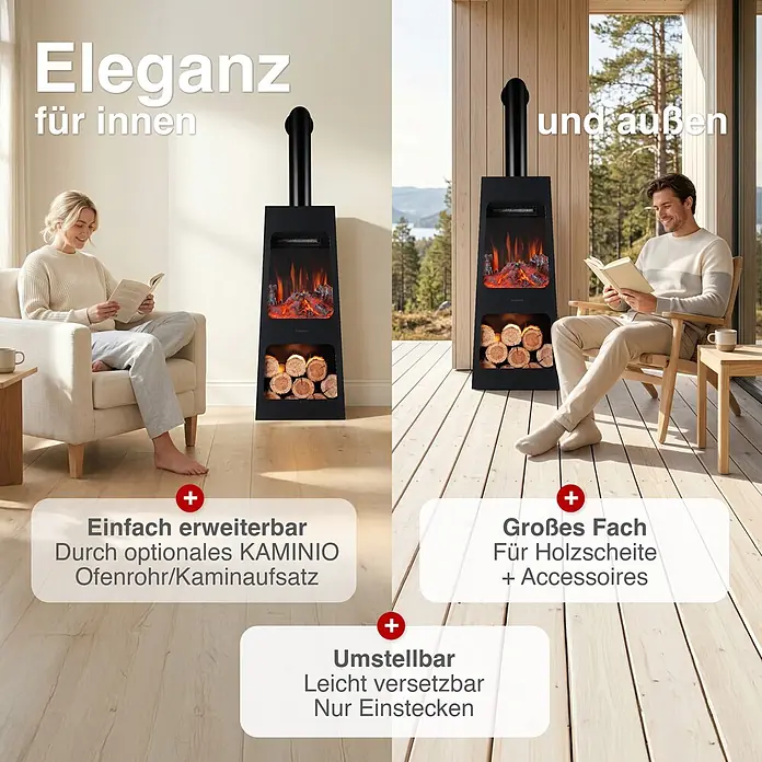 Elektrischer Kamin KAMINIO Kai L mit Ofenrohr - 35 x 35 x 123,5 cm, Schwarz - Schwarzer Elektrokamin mit Schornsteinrohr und Holzfach, innen und außen genutzt. Tragbar, vielseitig einsetzbar.
