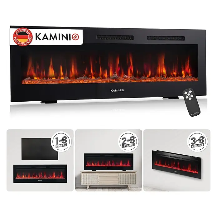 Elektrischer Kamin KAMINIO Marlon 60 - 11,9 x 152,4 x 46,6 cm, Schwarz - Schwarzer Elektrokamin mit realistischen Flammen, Fernbedienung und drei Installationsmöglichkeiten: Einbau, Stand und hängend.
