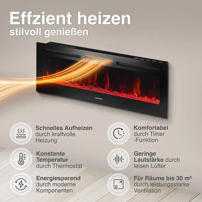 Elektrischer Kamin KAMINIO Marlon 60 - 11,9 x 152,4 x 46,6 cm, Schwarz - Schwarzer elektrischer Kamin mit realistischen Flammen und glühendem Heizelement an der Wand.