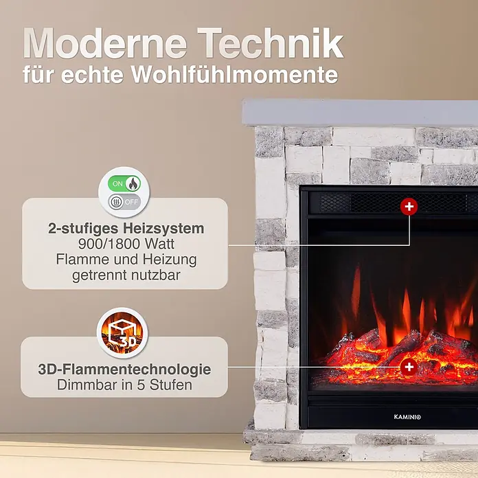 Elektrischer Kamin KAMINIO Juan - 23,5 x 60 x 66 cm, Grau (Steinoptik) - Moderner Elektrokamin mit Steinoptik-Umfassung. Mit 3D-dimmbarer Flamme und 2-stufigem Heizsystem (900/1800W), Flamme/Heizung getrennt nutzbar.