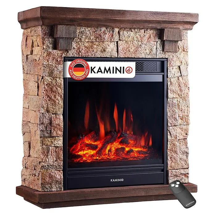 Elektrischer Kamin KAMINIO Juan - 23,5 x 60 x 66 cm, Beige (Steinoptik) - KAMINIO Elektrokamin mit Steinoptik-Verkleidung, dunklem Holzkamin, realistischen Flammen und Fernbedienung.