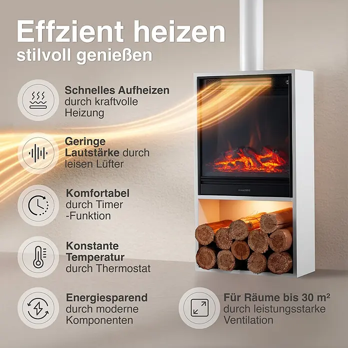 Elektrischer Kamin KAMINIO Hugo mit Ofenrohr - 17 x 42 x 115 cm, Weiß - Weißer Elektrokamin mit realistischer Flammenwirkung und einem Fach für Dekoholzscheite.